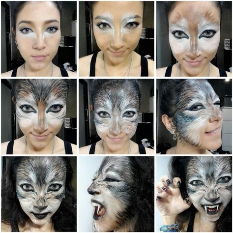 Orianna League Of Legends, Wolf Face Paint, Wolf Makeup, Wolf Woman, Horror Face, Makeup Artist Makeup, Werewolf Costume, Painting Moon, Animal Makeup