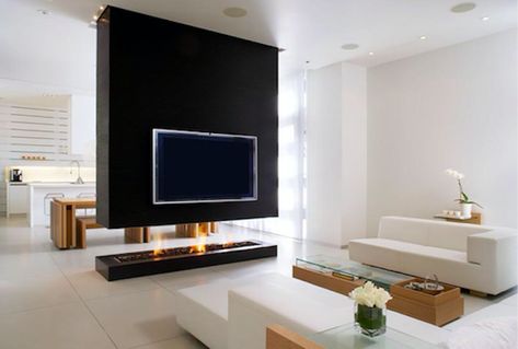 Suspended Wall Room Divider also Features Fireplace and TV Tv Camino, Wall Units With Fireplace, Tv Kastenwanden, Design Camino, Fireplace Room, Glass Room Divider, Cracked Wallpaper, Bamboo Room Divider, Sliding Room Dividers