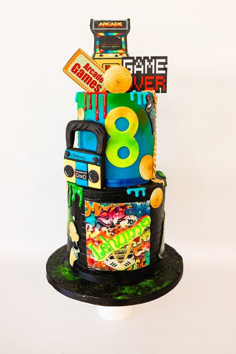 Arcade Game Cake, Arcade Theme Cake, Arcade Birthday Cake, Arcade Themed Birthday Party, Arcade Cake, Arcade Birthday Party, Neon Birthday Cakes, Arcade Birthday Parties, Arcade Birthday