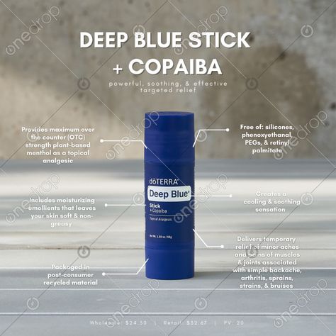 Deep Blue + Copaiba Stick2021 New ProductPowerful, soothing, targeted, and effective relief in a mess free application. Clean and simple IG post image highlighting some of the benefits and info about this new deep blue stick. #Deep Blue Stick #deep blue #deep blue plus copaiba #deep blue and copaiba #deep blue stick info #new product #new products 2021 #Deep Blue Instagram #wellnessadvocate #doterra #wellnessstockphotos #onedropdesigns #doterrawellnessadvocate #doterratips #doterragraphics #dote Deep Blue Doterra, Blue Instagram, Doterra Wellness Advocate, Ig Post, Doterra, Energy Drink Can, Red Bull, Deep Blue, Beverage Can