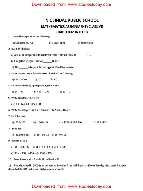 Integers Worksheets 6th Grade, Somaiya College, Class 3 Maths, Symmetry Worksheets, Class 6 Maths, Negative Integers, Integers Worksheet, Integer Operations, Subtracting Integers