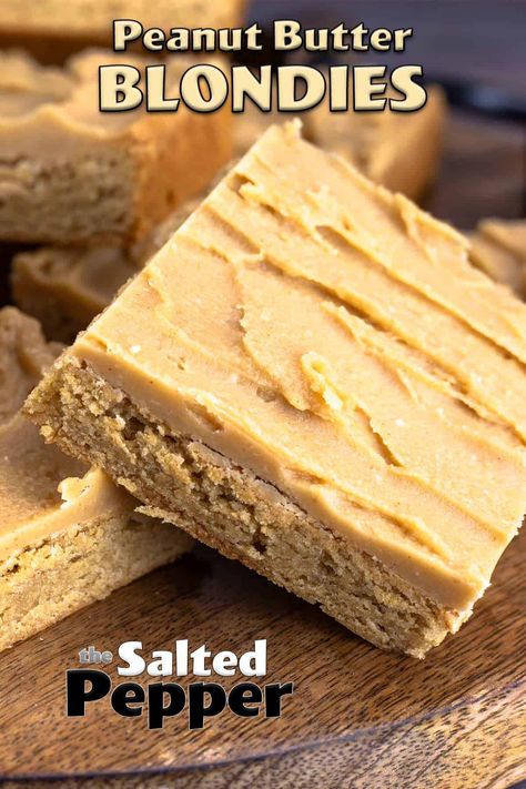 Peanut Butter Blondies are a great party dessert. Easy to make and great for finger desserts. Packed full of peanut butter flavor in every bite. Brownies Without Cocoa Powder, Peanut Butter Blondies Recipe, Peanut Butter Blondie, Peanut Butter Blondies, Finger Desserts, Peanut Butter Icing, Flour Alternatives, Blondies Recipe, Peanut Butter Frosting