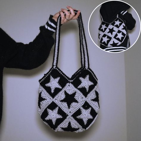 Goth Crochet | Emo Crochet | Alternative Crochet | Inspo | Inspiration | Granny Square Tote Bag | Crochet Tote | Crochet Bag | Crochet Handbag | Stars | Grey Aesthetic | Black Aesthetic | Black and grey bag | Cybercore | Cyberpunk | Alt | Core | Star Crochet Bag Granny Square, Alt Granny Squares, Cybercore Crochet, Emo Crochet Bag, Grey Things To Crochet, Crochet Core Aesthetic, Crochet Goth Bag, Goth Granny Squares, Crochet Bag Star