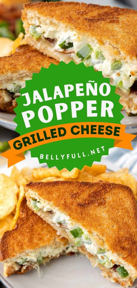 Jalapeno Popper Grilled Cheese {Air Fryer}, easy dinner ideas, family meals Grilled Cheese Air Fryer, Cheese Air Fryer, Fried Jalapeno Poppers, Popper Grilled Cheese, Air Fryer Grilled Cheese, Fried Jalapenos, Jalapeno Popper Grilled Cheese, Bacon Grill, Air Fryer Recipes Snacks