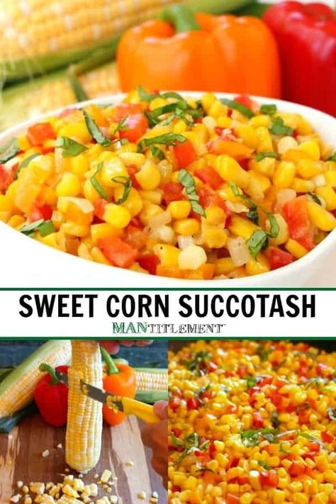 Sweet Corn Succotash is bursting flavor! Use fresh, canned, frozen or leftover corn! #succotash #cornsuccotash #vegetablesidedishes #sidedishes #cornrecipes Leftover Corn, Hamburger Side Dishes, Easy Vegetable Side Dish, Succotash Recipe, Corn Succotash, Corn Recipes Side Dishes, Corn Side Dish, Easy Vegetable Side Dishes, Vegetable Side Dish