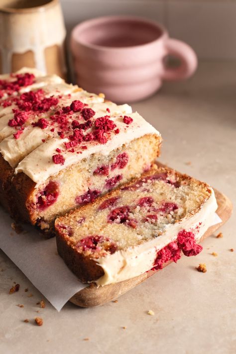 This white chocolate raspberry loaf cake is incredibly soft and fluffy with tart raspberries and white chocolate icing on top. #loafcake #raspberry | teakandthyme.com Raspberry Loaf Cake, Raspberry Loaf, Oreo Ice Cream Sandwich, Fluffiest Cinnamon Rolls, White Chocolate Icing, Coconut Cream Frosting, Chocolate Loaf, Cinnamon Roll Muffins, White Choc