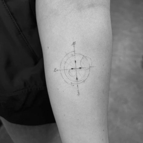 Fineline Compass Tattoo, Compass Tattoo Simple Minimalist, Delicate Compass Tattoo, Fine Line Compass Tattoo Design, Compass Tattoo Linework, Christian Symbolism, Compass Rose Tattoo, Inner Forearm, Christian Symbols