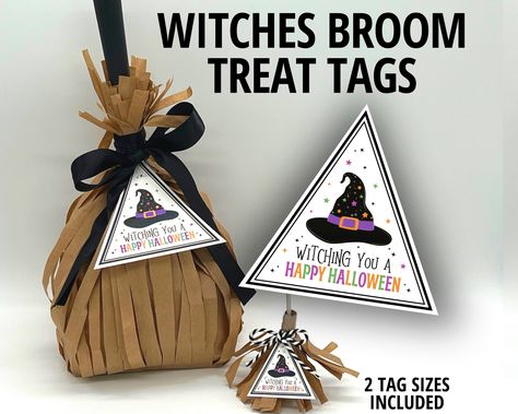 These Witches Broom Treat Tags are fun and festive gift tags for treat bags and lollipops. These triangular shaped Witching You A Happy Halloween gift tags are the perfect accent to your DIY Halloween craft or kids Halloween activity for Witches Broom Goody Bags or Lollipops. Just print, cut and attach to a goody bag or lollipop as a Halloween party favor. INCLUDES 8.5x11in Digital Download (4 Tags - Each Tag measures 4in high x 4in wide) 8.5x11in Digital Download (16 Tags - Each Tag measures 2in high x 2in wide) Listing is for printable tags only. No materials or bags are included. PLEASE NOTE This is a digital download only. Nothing will be shipped to you. Listing is for tags only. No materials or bags are included. This design is a Printable, and is not able to be edited by the buyer. N Kids Halloween Activity, Halloween Carnival Games, Halloween Treat Bags Diy, Book Favors, Halloween Treat Tags, Halloween Class Party, Halloween Gift Bags, Witches Broom, Halloween Goodie Bags