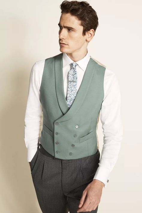 Groom Suit Trends, Suit Vest Outfits, Vest Outfits Aesthetic, Green Waistcoat, Green Morning, Cream Suit, Double Breasted Waistcoat, Moss Bros, Morning Suits