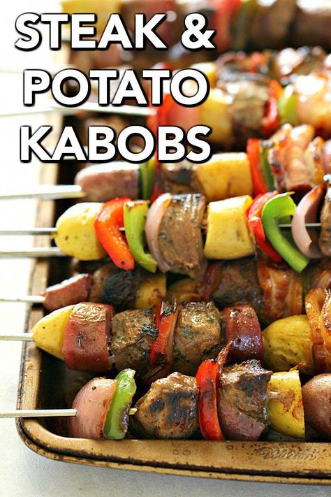 Steak And Potato Kabobs On The Grill, Steak And Potato Kabobs, Grilling Potatoes, Kabob Ideas, Summer Kabobs, Summer Steak, Crisp Potatoes, Potato Kabobs, Parmesan Crusted Steak