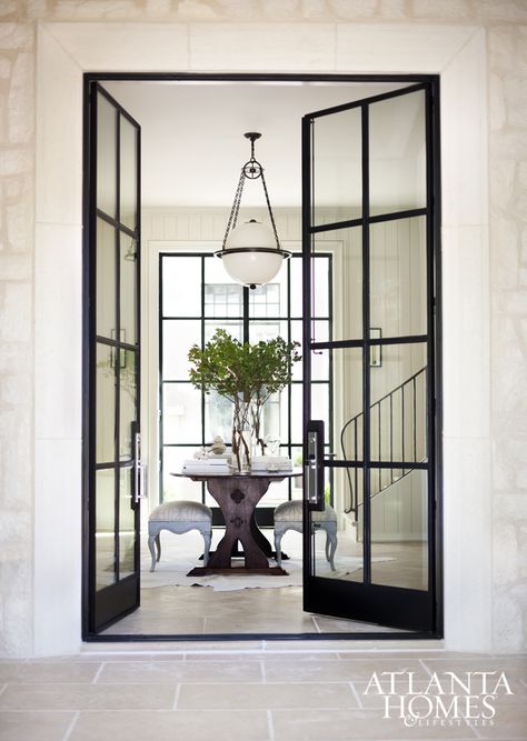 black iron doors Centsational Style, Iron Stair Railing, Double Entry Doors, Black Windows, Atlanta Homes, Glass Front Door, French Doors Interior, Interior Barn Doors, Window Installation