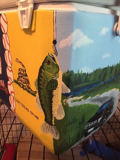 Ato Cooler Ideas, Fishing Frat Cooler, Country Frat Cooler, Sorority Coolers Painted, Cooler Painting Ideas For Guys, Golf Frat Cooler, Easy Frat Coolers Ideas, Painting Cooler Ideas, Painted Cooler Ideas