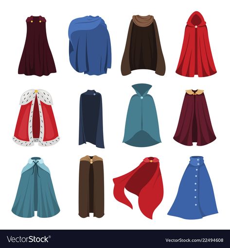 Cloaks party clothing and capes costume set Vector Image Woman In Cloak Drawing, Fantasy Cape Drawing, Cape Designs Drawing, Cape Designs Fantasy Drawing, Anime Cape Design, Capes Drawing, Drawing Capes, Cape Reference Drawing, Fantasy Cloak Design