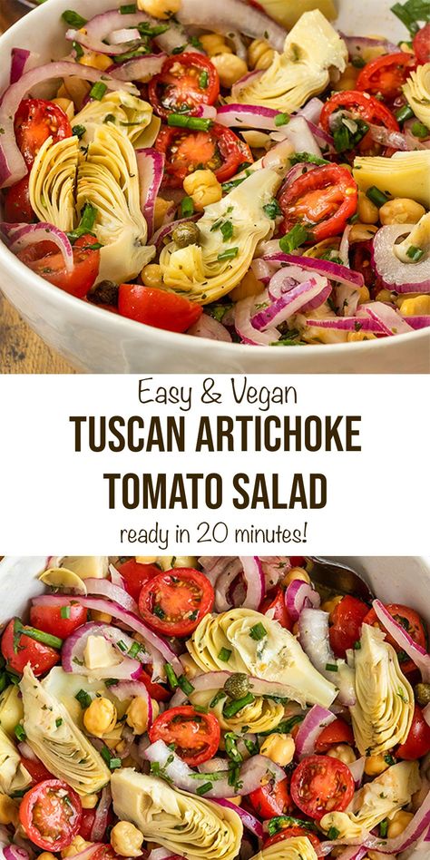 This Tuscan Artichoke Tomato Salad is the best vegan & gluten-free salad of Summer! With marinated artichoke hearts, juicy ripe tomatoes, red onion, chickpeas, and a  homemade vinaigrette, it's truly the perfect Italian salad recipe. Event Snacks, Artichoke Salad Recipes, Tuscan Salad, Best Summer Salads, Italian Salad Recipes, Artichoke Salad, Gourmet Salad, Popular Dinner Recipes, Warm Salad