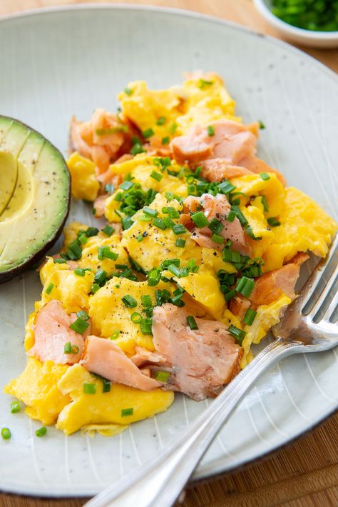 Salmon and Eggs - with Fresh Chives and Avocado #eggs #scrambledeggs #salmon #smokedsalmon #breakfast #recipe Salmon Omelette Recipe, Salmon Breakfast Recipes, Eggs And Salmon, Salmon Scrambled Eggs, Salmon Omelette, Breakfast Ideas With Eggs, Ideas With Eggs, Salmon Meals, Smoked Salmon Breakfast