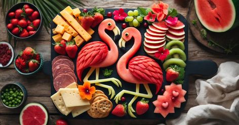 How to Create the Ultimate Flamingo Charcuterie Board Palm Tree Charcuterie Board, Flamingo Charcuterie Board, Pool Charcuterie Board, Tropical Charcuterie Board, Pink Charcuterie Board, Flamingo Party Food, Charcuterie Art, Flamingle Party, Madeline Cookies