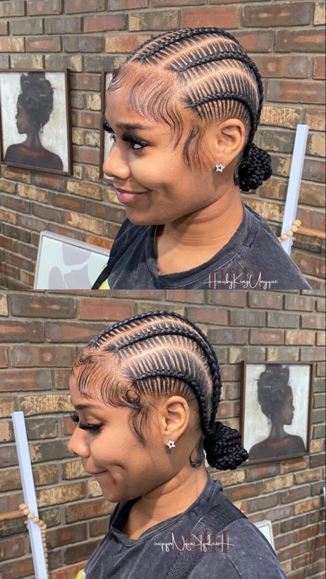 Braids Going Back Into A Ponytail, Feed In Braids Short Hair, Edges For Straight Back Braids, Halo Hair Styles Black, Cute Slick Ponytails For Black Women, Ginger Stitch Braids Black Women, Feed Ins Braids To The Back, 6 Braids Into A Bun, Curly Stitch Braid Bun