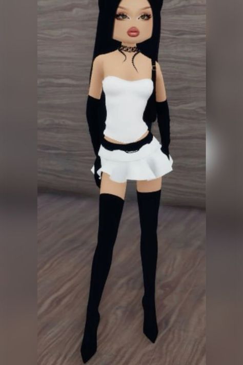 Stylized character with long black hair wearing a white strapless top, white mini skirt, and black thigh-high boots. Elegant Coquette, Outfits To Impress, Roblox Dress, Outfit Combos, Sci Fi Design, Roblox Game, Bold Accessories, Black Gloves, Matching Accessories