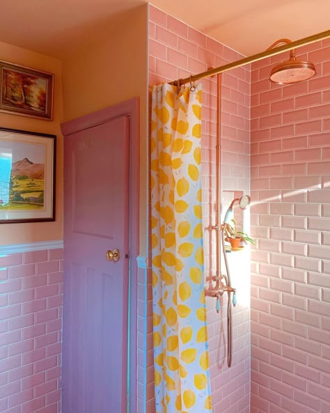 Shower Window, Painted Ceilings, My Best Friends Wedding, Window In Shower, Yellow Door, Best Friends Wedding, Eclectic Bathroom, Pink Tiles, Pink Carpet