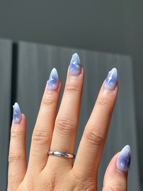 Aura Nails With Pearls, Short Almond Nails Aura, Short Almond Nails With Charms, Light Blue Star Nails, Navy Blue Aura, Almond Short Nails, Blue Aura Nails, Short Nails Acrylic, Makeup 2022