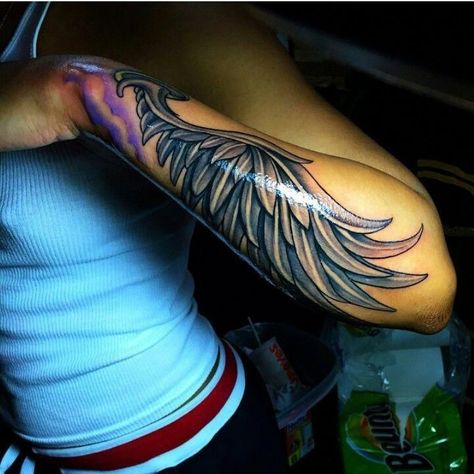 Angel Wings Tattoo Sleeve, Angel Wings Tattoo Forearm, Wing Tattoo Arm, Angle Wing Tattoos, Angel Wing Tattoo, Wing Tattoos On Back, Female Tattoos, Wing Tattoo Designs, Forarm Tattoos