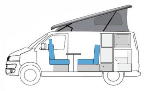 VW-T6-Crantock-Day-Layout-Side T4 Camper Interior Ideas, Vw Transporter Campervan, Vw Kampeerwagens, Transporter Campervan, Cassette Toilet, Vw Conversions, Campervans For Sale, Volkswagen Camper Van, Campervan Conversion