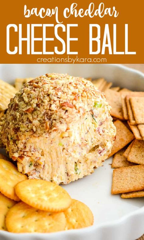 Bacon Cheddar Cheese Ball is the perfect Holiday appetizer made of cream cheese, cheddar cheese, green onions, and plenty of bacon! Everyone loves this easy cheese ball. #cheeseball #partyfood #appetizerrecipes #baconcheeseball -from Creations by Kara Bacon Cheddar Cheese Ball, Cheddar Cheese Ball Recipes, Bacon Cheeseball Recipes, Bacon Cheeseball, Bacon Ranch Cheese Ball, Easy Cheese Ball, Ranch Cheese Ball, Cheese Ball Recipes Easy, Cheddar Cheese Ball