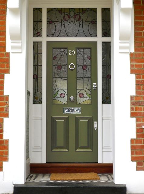 Capture the timeless allure of Victorian aesthetics with our exquisite period front door, now available in our new captivating Olive colour. Olive Green Front Door, Victorian Front Door, Green Front Door, Victorian Front Doors, Pink Front Door, Olive Colour, Front Door Styles, Green Front Doors, Contemporary Front Doors