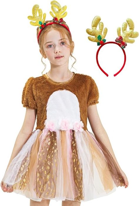 Amazon.com: IKALI Girls Deer Fawn Costume Toddlers Kids Christmas Fancy Tutu Dess Animal Dress Up Reindeer Outfit : Clothing, Shoes & Jewelry Dress Like A Reindeer For School, Reindeer Costume Kids, Fawn Costume, Carnival Masquerade, Reindeer Dress, Reindeer Outfit, Toddler Fancy Dress, Project School, Deer Dress