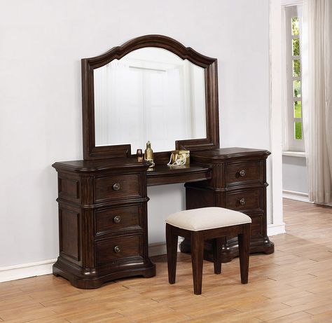 The elegant traditional style of Key City bedroom group, creates a comfortable and functional setting. Pieces are built with Rubberwood solids and Oak veneers and are exquisitely finished in Rich Dark Brown. Enjoy the traditional beauty of Key City in your own home. Brown Vanity Bedroom, Vanity Inspo, Cushioned Bench, Solid Oak Desk, City Bedroom, Bedroom Vanity Set, Green Baby Room, Bedroom Makeup Vanity, Dresser Vanity