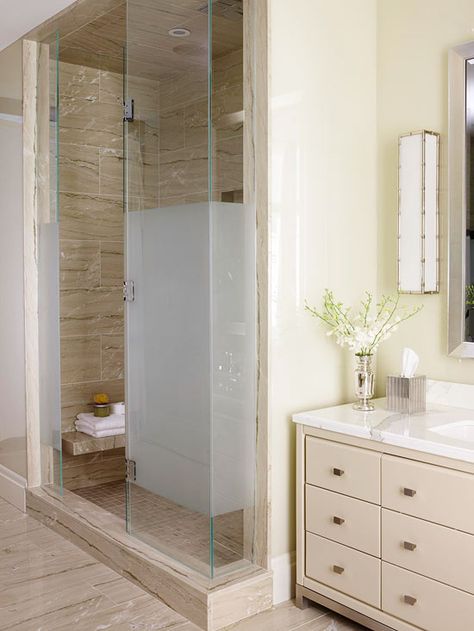 Mixing Styles: Privacy, Please Frosted Shower Glass Door Ideas, Frosted Shower Door, Frosted Glass Door Bathroom, Frosted Shower Doors, Frosted Glass Shower Door, Cedar House, Big Shower, Elegant Bathroom Decor, Bathroom Big