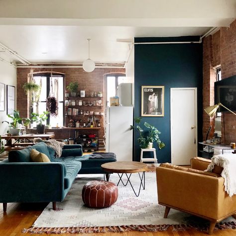 Industrial Interior Design Living Room Small Spaces, Mid Century Stone Wall, Small Industrial Living Room, Warm Industrial, Industrial Apartment, Mid Century Boho, Brooklyn Apartment, Space Apartments, Apt Ideas