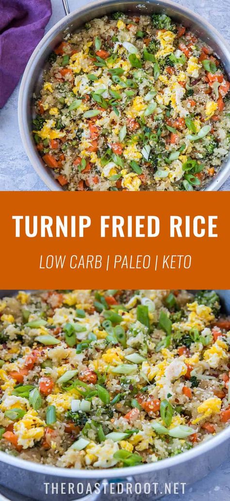 Turnip Fried Rice (Paleo, Keto) - The Roasted Root Paleo Rice, Turnip Fries, Quinoa Fried Rice, Turnip Recipes, Coconut Aminos, Turnip Greens, Paleo Recipes Easy, Turnips, Keto Side Dishes