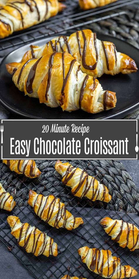 This easy chocolate croissant recipe is a simplified version using puff pastry. It's a great brunch recipe ready in less than 30 minutes! If you want to make homemade croissants filled with chocolate but you don't want to make your own dough this is an easy recipe for croissants with chocolate that makes a great breakfast recipe or brunch recipe that your friends and family will love! Chocolate Croissant Recipe Easy, Recipe For Croissants, Filled Croissant Recipe, Chocolate Croissant Recipe, Crossiant Recipes, Using Puff Pastry, Homemade Croissants, Croissant Breakfast, Easy Puff Pastry