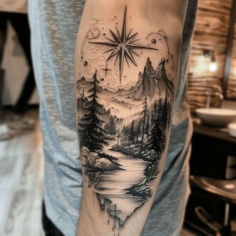 Alaska Tattoos For Women, Time Tattoos For Men, Wilderness Tattoo Sleeve, Mountain And Tree Tattoo, Deep Meaningful Tattoos, Alaska Tattoo, Montana Tattoo, Wilderness Tattoo, Oregon Tattoo