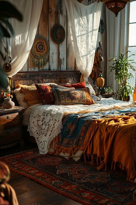 Cozy Eclectic Home Bedroom, Romantic Bohemian Bedroom, Bohemian Bedroom Decor Vintage, Bedroom Spiritual, Eclectic Maximalism Bedroom, Romantic Vintage Bedroom Ideas, India Inspired Bedroom, Eclectic Bedroom Ideas, Vintage Boho Bedroom