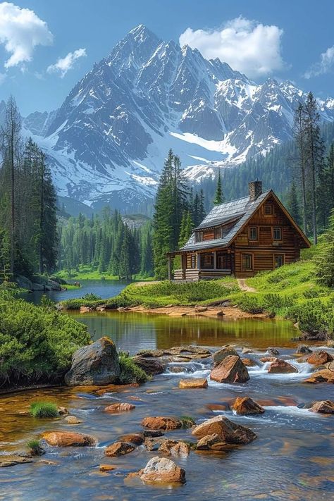 Nature Pictures Landscape, Pictures Landscape, Flower Aesthetics, Cabin In The Mountains, Cabin Art, Landscape Photography Nature, Cottage Art, Pretty Landscapes, Landscape Art Painting