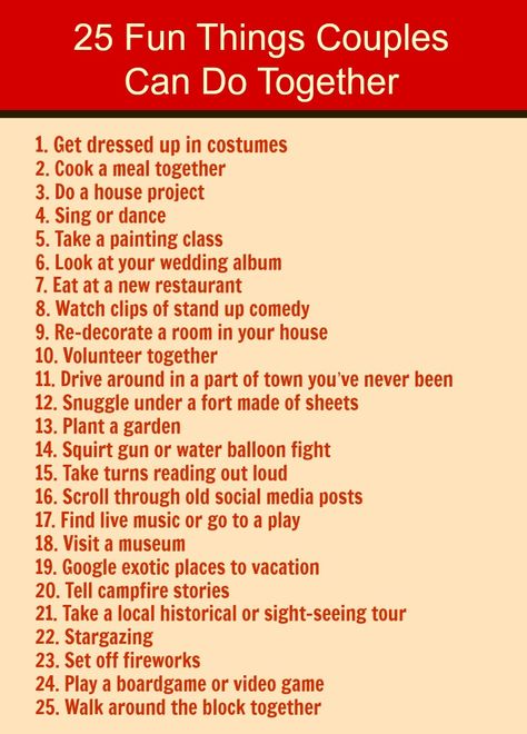 Looking for something fun to do with your spouse? Here are 25 great ideas of things you can do together to enjoy your time. Boyfriend Bucket Lists, Things To Do With Your Boyfriend, Couples Things To Do, Romantic Date Night Ideas, Intimacy In Marriage, Creative Dates, Couple Activities, Cute Date Ideas, Things To Do At Home