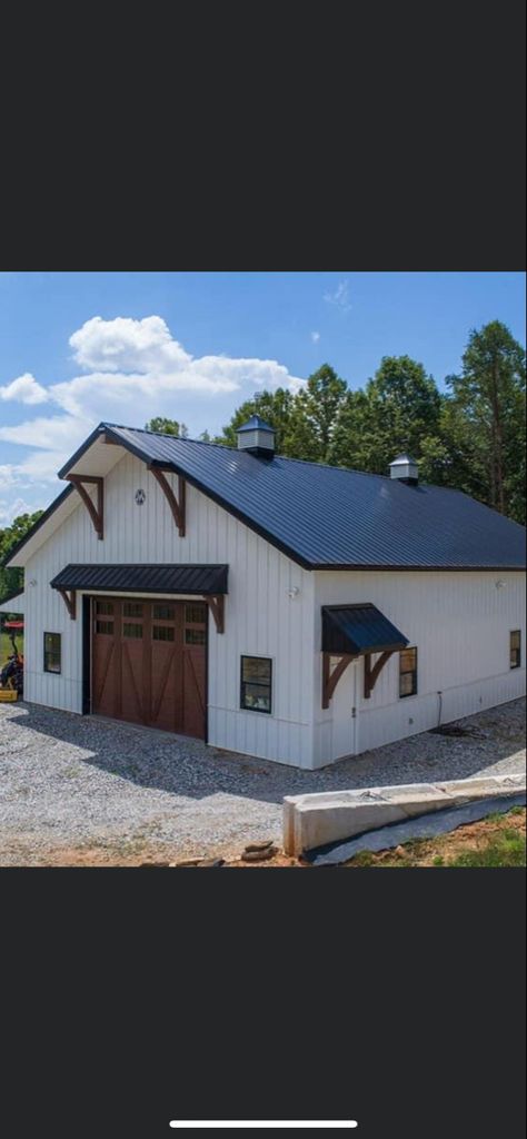 Black And White Morton Building, White And Black Metal Building, Metal Building Colors Schemes Modern, Black And White Metal Building, Pole Barn Exterior Ideas, Black And White Pole Barn, Pole Barn Colors Scheme, Barn Colors Scheme Exterior, White Pole Barn