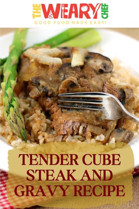 an image of Tender Cube Steak and Gravy with fork on a white plate. Cube Steaks Recipes, Tender Cube Steak, Cubed Steak Recipes Easy, Quick Simple Meals, Steak And Gravy Recipe, Beef Cube Steak Recipes, Steak Meals, Steaks Recipes, Beef Cubed Steak