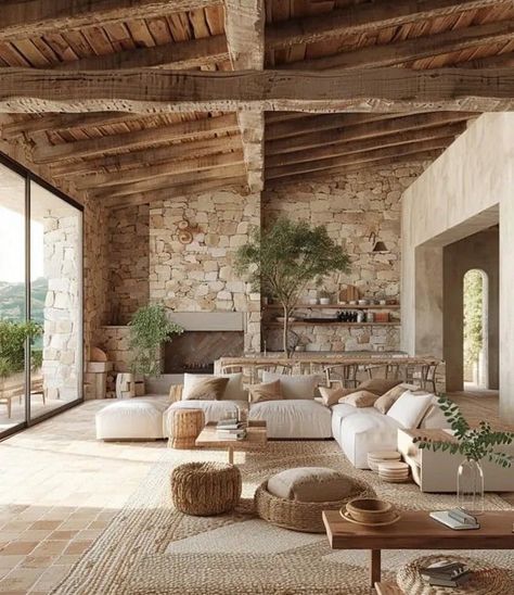 Wabi Sabi Home Interior Design, Wabi Sabi Home, Wabi Sabi Living Room, Tuscan Interior, Tuscan House, Rustic Farmhouse Kitchen, Italian Home, Stone Walls, Cozy Farmhouse