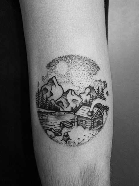 Landscape Tattoo Ideas, Tattoo Ideas Nature, Cabin Tattoo, Outdoor Tattoo, Lake Tattoo, Sunset Landscape Photography, Scene Tattoo, Tattoo Nature, Landscape Tattoo