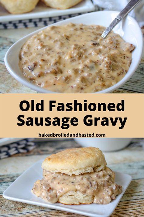 Old Fashioned Sausage Gravy is a southern staple usually served with a flaky Buttermilk biscuit. This creamy gravy can be whipped up in minutes and is hearty enough to be served for any meal of the day. Maple Street Biscuit Company Gravy Recipe, Old Fashioned Sausage Gravy, Buttermilk Sausage Gravy, Italian Sausage Gravy, Southern Sausage Gravy Recipe, Homemade Busicuts And Gravy, Country Gravy Recipe Sausage, Best Biscuits And Gravy Recipe, Breakfast Gravy Recipe Easy