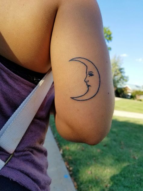 Sun And Moon Tattoo Both Arms, Sun And Moon Tattoo On Back Of Arms, Ribcage Moon Tattoo, Crescent Moon Arm Tattoo, Back Of Arm Moon Tattoo, Moon Tattoo On Arm, Moon Tattoo Back Of Arm, Crescent Moon Design, Crescent Moon Face Tattoo