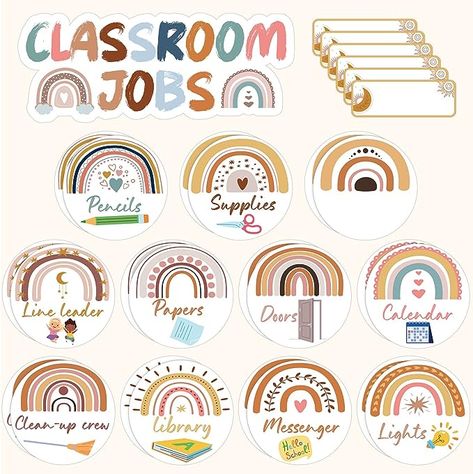 81 Pcs Class Jobs Boho Bulletin Board Decor Set Rainbow Bulletin Board Cutouts with 200 Pcs Glue Points Chalkboard Decor for Back to School Party Student Teacher Birthday (Assorted Sizes) Boho Bulletin Board, Rainbow Bulletin Boards, Colorful Bulletin Boards, Boho Classroom, Rainbow Classroom, Class Jobs, Chalkboard Decor, Teacher Helper, Back To School Bulletin Boards