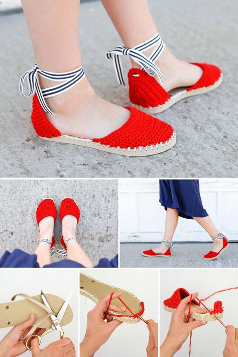 Learn how to make crochet espadrilles with flip flop soles in this free pattern and tutorial. Pair these fun crochet sandals with a dress! Sandal Rajut, Crochet Braid Pattern, Homemade Shoes, Sandal Kulit, Crochet Flip Flops, Trendy Knitting, Dress Knitting, Crochet Shoes Pattern, Free Dress