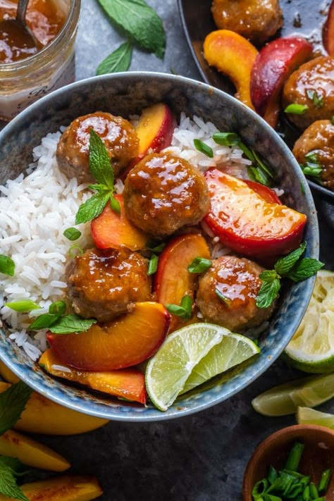 Peach Meatballs, Wandering Chickpea, Lentil Ragu, Farm Cooking, Ginger Peach, Brown Rice Recipes, Peach Desserts, Chicken Kebabs, Easy Weeknight Dinner