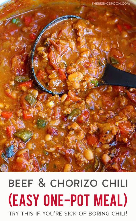 Chorizo Beans Recipes, Beef Chorizo Recipes, Chili With Chorizo And Ground Beef, Chorizo Chili, Pork Chorizo, Stovetop Chili, Beef Chorizo, Recipe With Ground Beef, Mexican Chili