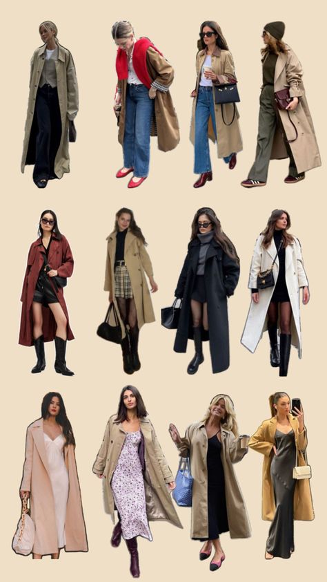 Trench coat outfits Office Trench Coat Outfit, Outfits With Tan Trench Coat, Long Coat Outfits, Trench Coat Outfit Ideas, Trench Coat Outfits, Long Coat Outfit, Outfit Collages, Classy Feminine, Tan Trench Coat