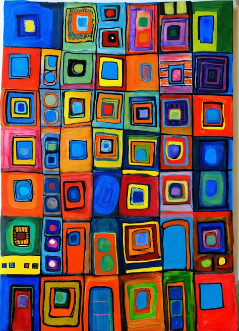 Hundertwasser-Inspired Acrylic Squares: A Masterful Creation  Unleash your creativity with this captivating artwork inspired by the legendary Friedensreich Hundertwasser. Admire the intricate, vibrant squares that dance across the canvas, evoking a sense of wonder and harmony. Acrylic paints blend seamlessly, creating a symphony of colors and textures. #Hundertwasser #SquareArt #Surrealism #AcrylicPainting #ModernArt Middle School Projects, Architectural Masterpieces, Hundertwasser Architecture, Elementary Art Rooms, Teacher Projects, Hundertwasser Art, Art Showcase, Square Art, Shape Art